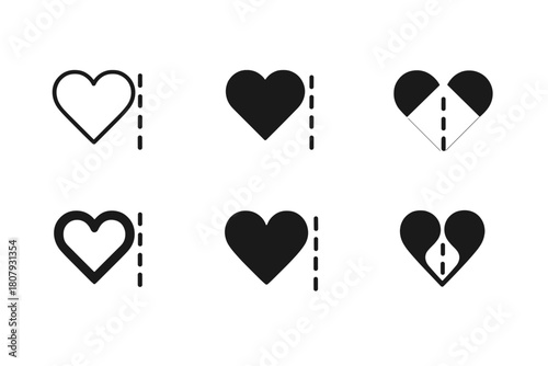 Distance Heart Icons. Distance in relationship. Icon set. Set Logo of distance in relationship: two hearts separated by a dotted line. harmonious