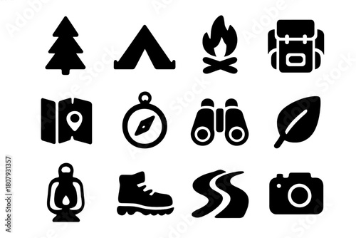Forest Camping Icons. Forest camping. Solid icon set of Forest camping: tree, tent, campfire, backpack, map, compass, binoculars, leaf, lantern, hiking boots,