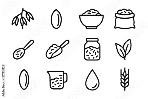 Oat Grain Icons. Oat grains. Line icon set of oat grains: oats stalk, grain, bowl, bag of oats, spoon, scoop, jar, leaf, seed, measuring cup, drop, wheat ear.