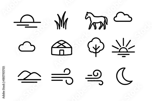 Steppe Sunset Icons. Steppe Sunset. Line icon set of Steppe Sunset: sun, horizon, grass, horse silhouette, bird in sky, cloud, yurt shadow, tree, light rays,