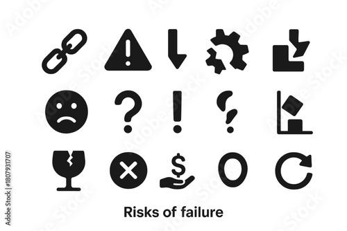 Failure Icons Set. Risks of failure. Solid icon set of Risks of failure: broken chain, warning triangle, downward arrow, cracked gear, sad face, question mark,