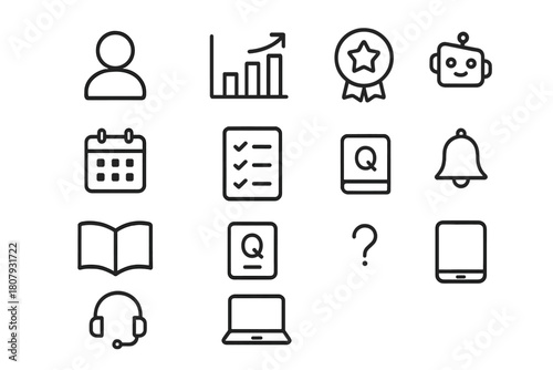Student Dashboard Icons. Student dashboard. Line icon set of Student dashboard: user profile, progress chart, badge, calendar, task list, AI assistant, book,