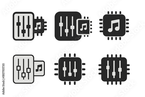 Music Tech Icons. The impact of technology on music. Icon set. Set Logo of The impact of technology on music: Turntable. harmonious logo variations of the same