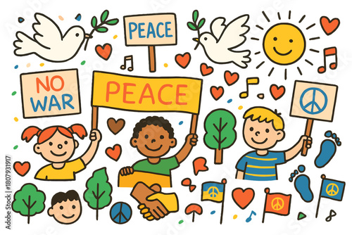 Cheerful Peaceful Protest. Peaceful protest. Colorful Hand-drawn doodle Children illustration Peaceful protest signs, doves, banners, hearts, smiling faces,