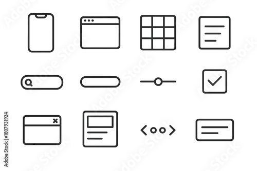 UI Wireframe Icons. UI wireframe sketch. Line icon set of UI wireframe sketch: phone frame, browser window, grid system, hamburger menu, search field, primary