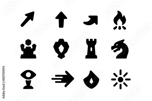 MOBA Finals Icons. MOBA Finals. Solid icon set of MOBA Finals: top lane, mid lane, bot lane, jungle camp, inhibitor, nexus, tower, dragon, baron, ward,