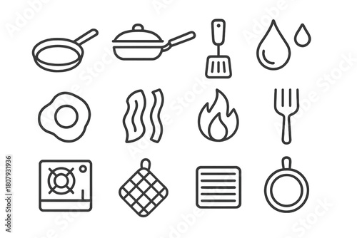 Skillet Cooking Icons. Skillet cooking. Line icon set of skillet cooking: skillet, handle, lid, spatula, oil drop, egg, bacon, flame, fork, stove, pot holder,