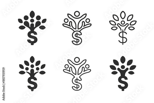Family Budgeting Icons. Family budgeting. Icon set. Set Logo of family budgeting: family hand holding money sprout. harmonious logo variations of the same