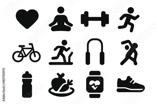 Wellness Line Icons. Wellness and prevention. Line icon set of Wellness and prevention: exercise figure, nutrition icon, hand washing, face mask, first aid