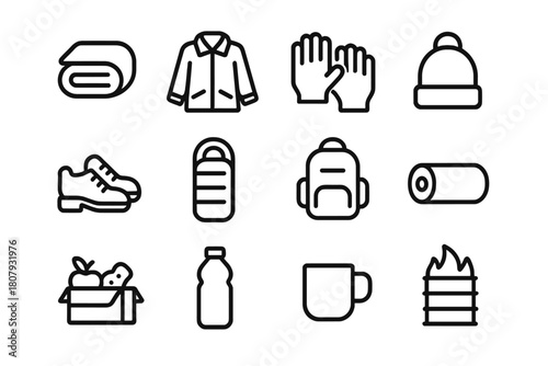 Homeless Essentials Icons. Homeless essentials. Line icon set of homeless essentials: blanket, coat, gloves, hat, shoes, sleeping bag, backpack, mat, food box,