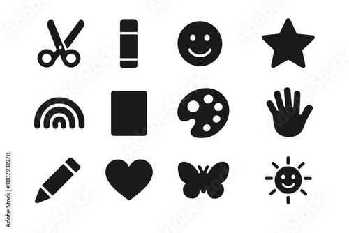 Children's Craft Icons. Children?s collage crafts. Solid icon set of Children?s collage crafts: kid scissors, glue stick, smiley face, paper star, rainbow