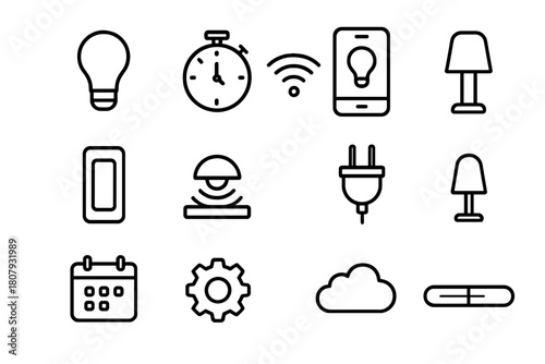 Lighting Automation Icons. Lighting automation. Line icon set of lighting automation: bulb, timer, Wi-Fi, app interface, switch, motion sensor, plug, lamp,