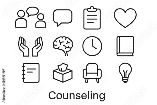 Counseling Icon Set. Counseling. Line icon set of counseling: two people talking, speech bubble, clipboard, heart, hands, brain, clock, book, notebook, tissue