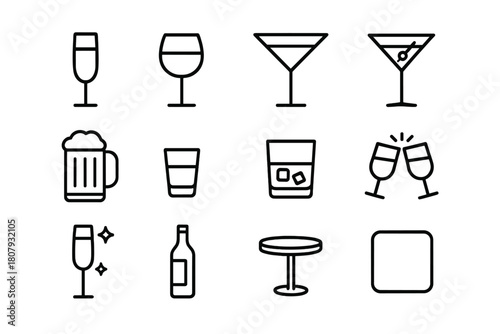 Festive Drink Icons. Festive drinks. Line icon set of festive drinks: champagne flute, wine glass, cocktail glass, martini glass, beer mug, shot glass, whiskey