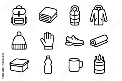 Street Essentials Icons. Street survival kit. Line icon set of street survival kit: backpack, blanket, sleeping bag, coat, hat, gloves, shoes, mat, food box,