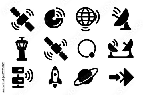 Satellite Communication Icons. Satellite communication. Solid icon set of Satellite communication: orbiting satellite, radar waves, earth globe, antenna,