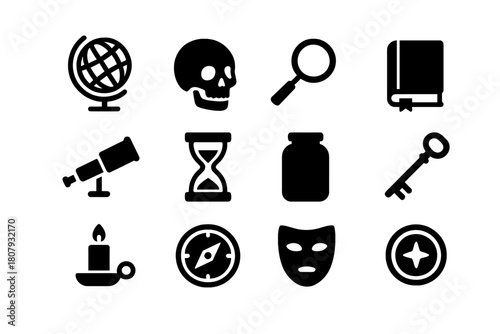 Curiosity Shop Icons. Curiosity shop. Solid icon set of curiosity shop: globe, skull, magnifying glass, book, telescope, hourglass, jar, key, candle, compass,