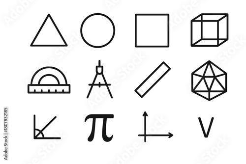 Geometry Formula Icons. Geometry formulas. Line icon set of geometry formulas: triangle, circle, square, cube, protractor, compass, ruler, 3D shape wireframe,