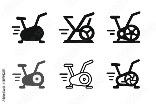 Exercise Bike Logos. exercise bike. Icon set. Set Logo of exercise bike: digital fitness bike with screen. harmonious logo variations of the same emblematic