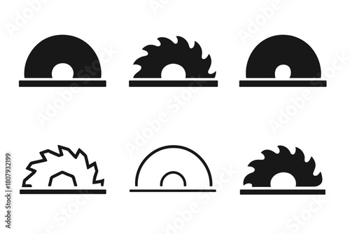 Power Saw Logos. Power saw blade. Icon set. Set Logo of Power Saw Blade: blade combined with electric motor symbol. harmonious logo variations of the same