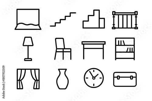 Set Design Icons. Set design elements. Line icon set of Set design elements: backdrop, staircase, podium, railing, lamp, chair, table, bookshelf, curtain,