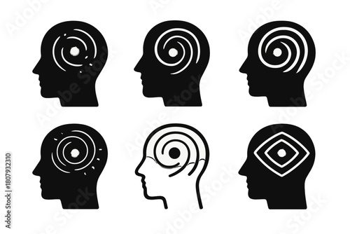 Overactive Mind Logos. Overactive mind in a peaceful, dark room. Icon set. Set Logo of overactive mind in a peaceful, dark room: dark room with glowing aura.