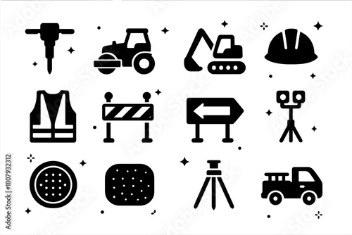Roadwork Icons Set. Roadwork and maintenance. Solid icons set of Roadwork and maintenance: jackhammer, road roller, excavator, hard hat, safety vest,