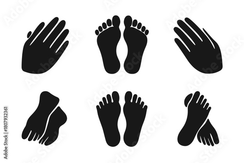 Foot Care Icons. Manicure and pedicure. Icon set. Set Logo of Foot Care: Relaxed feet. Flat solid, Symmetrical form, Stylized detail, Iconic shape, Minimal