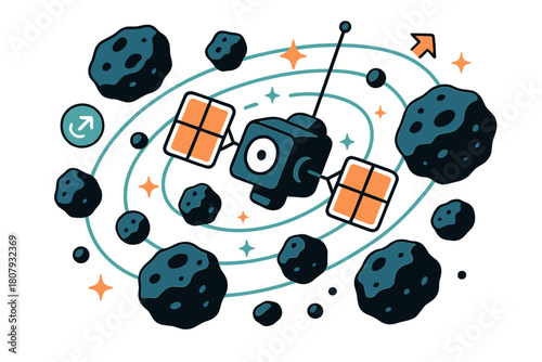 Asteroid Belt Mapping. Asteroid belt studies. Space probe mapping asteroid belt with abstract floating orbit lines, asteroids, and sparkles; conveys scientific