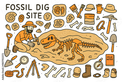 Dinosaur Fossil Excavation. Fossil dig site. Hand-drawn doodle illustration paleontologist (colored), dinosaur skeleton (colored), fossils (colored),