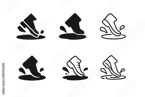 Jumping Puddles Logos. Jumping over puddles. Icon set. Set Logo of Jumping over puddles: Reflection in water. harmonious logo variations of the same emblematic