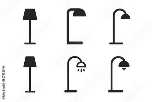 Modern Lamp Logos. Floor lamp. Icon set. Set Logo of Floor lamp: Modern LED lamp. harmonious logo variations of the same emblematic concept (Flat solid,