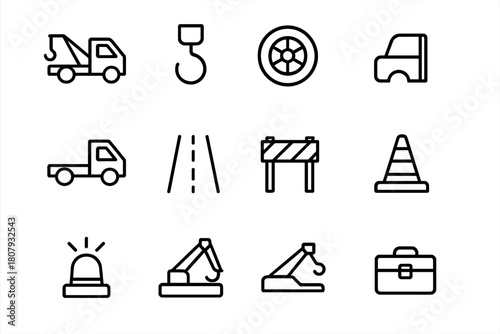 Tow Truck Icons. Tow trucks. Line icon set of tow trucks: tow truck, hook, cable, wheel, cabin, flatbed, road, barrier, safety cone, spotlight, hydraulic arm,