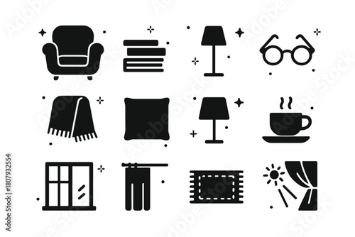 Cozy Reading Essentials. Window Light Reading Nook. Solid icons set of Window Light Reading Nook: armchair, side table, stack of books, reading glasses, throw