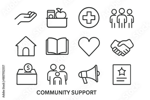 Community Support Icons. Community support. Line icon set of Community support: helping hand, food donation, medical aid, volunteer group, shelter, education
