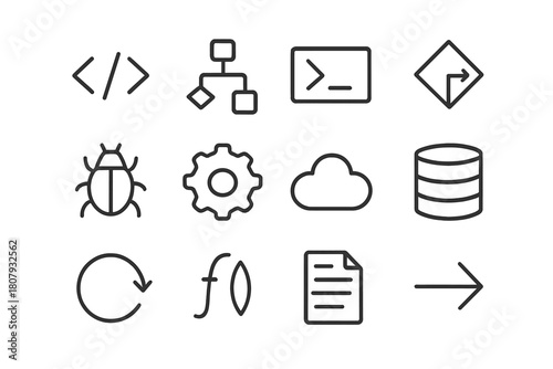 Coding Workflow Icons. Coding workflow. Line icon set of coding workflow: code brackets, flowchart, terminal, decision diamond, bug, gear, cloud, database,