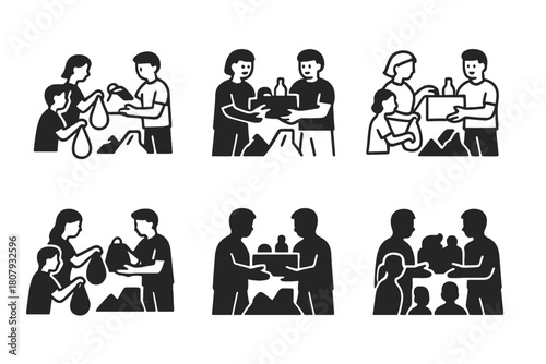 Volunteer Relief Icons. Volunteers distributing food and supplies in disaster areas. Icon set. Set Logo of Volunteers distributing food and supplies in