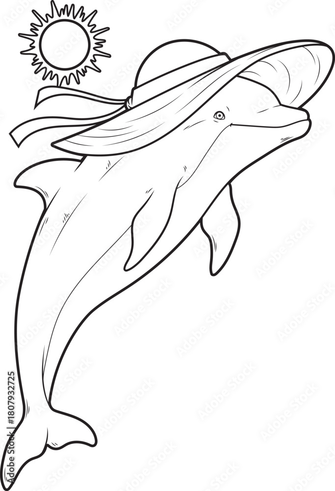 Fototapeta premium Dolphin Beach Straw hat Summer Animal Vector Graphic Art Illustration