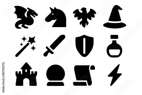 Mythical Icons Grid. Mythical Creatures. Solid icon set of Mythical Creatures: dragon, unicorn, phoenix, wizard hat, magic wand, sword, shield, potion bottle,