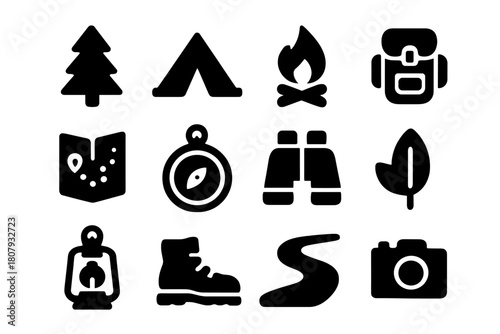 Forest Camping Icons. Forest camping. Solid icon set of Forest camping: tree, tent, campfire, backpack, map, compass, binoculars, leaf, lantern, hiking boots,
