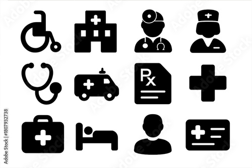 Accessible Medicine Icons. Accessible Medicine. Solid icon set of Accessible Medicine: wheelchair, hospital, doctor, nurse, stethoscope, ambulance,