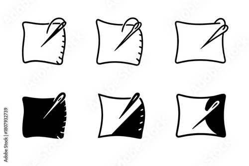 Sewing Logo Variations. Sewing pillowcase. Set Logo of Sewing pillowcase: needle stitching along edge. harmonious logo variations of the same emblematic