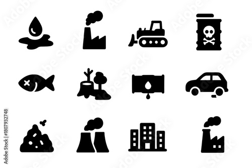 Environmental Damage Icons. Environmental Damage. Solid icon set of Environmental Damage: oil spill, smoke stack, bulldozer, chemical barrel, dead fish,