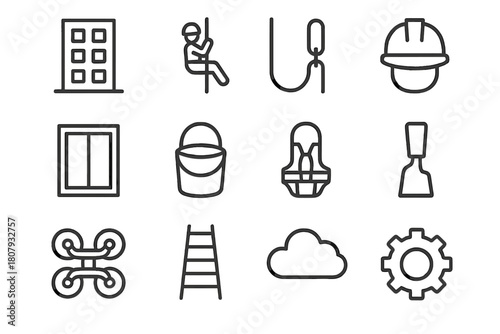 High-Rise Maintenance Icons. High-Rise Maintenance. Line icon set of High-Rise Maintenance: building, suspended worker, rope, safety harness, window, bucket,