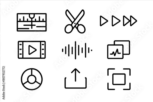 Video Editing Icons. Video Editing. Line icon set of Video Editing: timeline, playhead, scissors cut, playback controls, clip segment, sound wave, transition