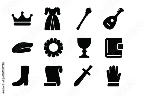 Renaissance Icon Set. Renaissance attire. Solid icon set of Renaissance attire: crown, gown, scepter, lute, hat, ruff collar, chalice, book, boot, scroll,