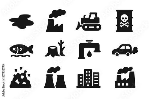 Environmental Damage Icons. Environmental Damage. Solid icon set of Environmental Damage: oil spill, smoke stack, bulldozer, chemical barrel, dead fish,