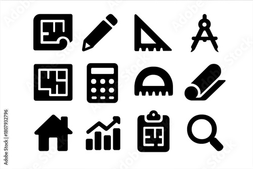 Construction Tool Icons. Construction and Measurement. Line icon set of Construction and Measurement: ruler, compass, protractor, measuring tape, blueprint,