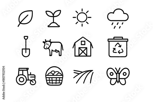 Eco Farming Icons. Eco-Friendly Farming Practices. Icon set. Set Logo of Eco-Friendly Farming: solar-powered irrigation system. harmonious logo variations of
