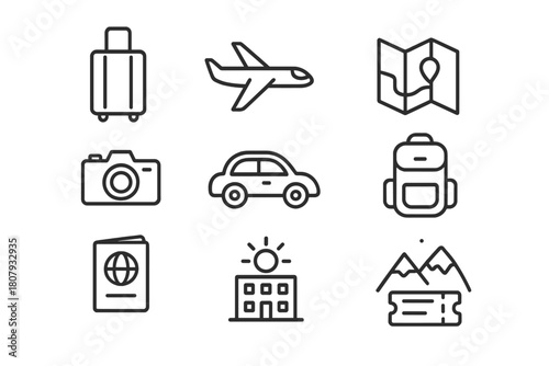 Travel Icons Collection. Travel history. Solid icon set of travel history: passport, map, suitcase, temple, globe, compass, column, gate, camera, ship, scroll,